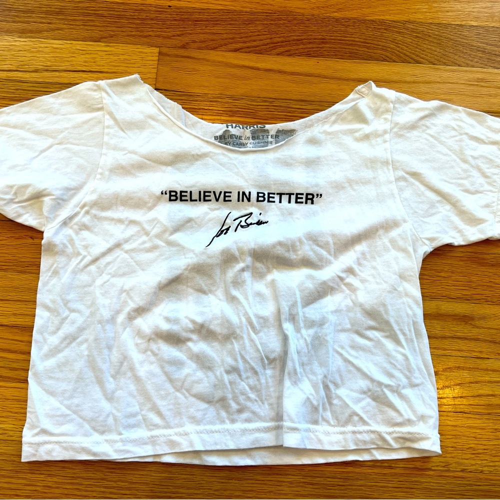 Carly Cushnie Biden Harris cropped workout t-shirt, white and black size sm/med